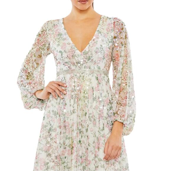 Mac Duggal White Embellished Floral Print Faux Wrap A Line Dress Women’s Sz 8 - Picture 3 of 10